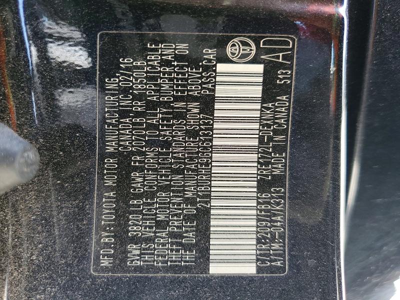 64770216 :رقم المزاد ، 2T1BURHE9GC613137 vin ، 2016 Toyota Corolla مزاد بيع