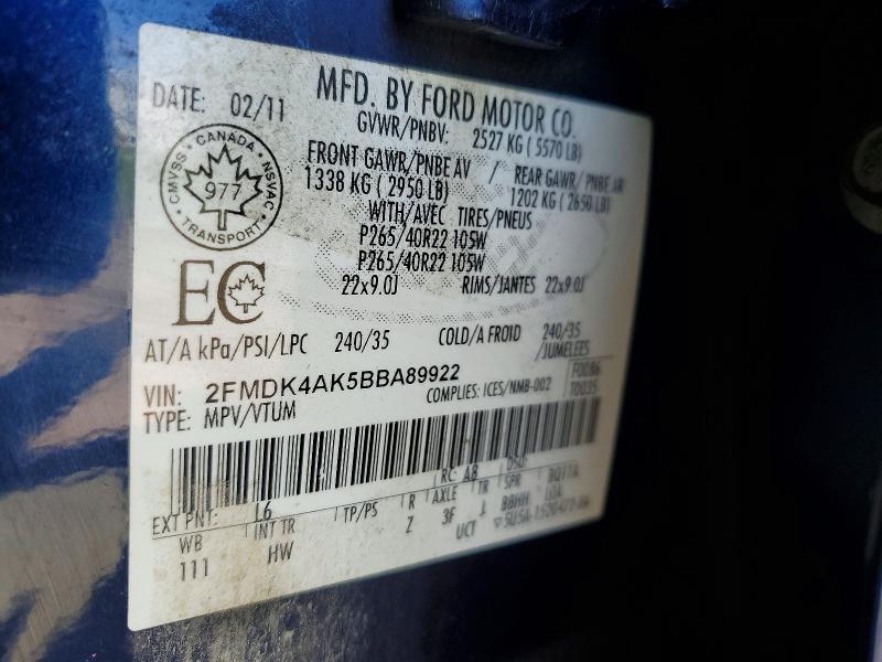 64765416 :رقم المزاد ، 2FMDK4AK5BBA89922 vin ، 2011 Ford Edge مزاد بيع
