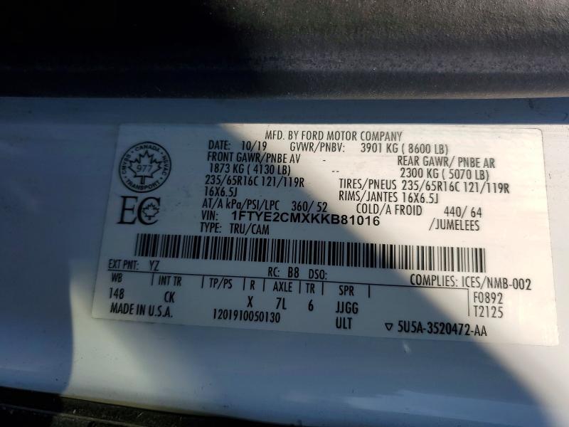 62358356 :رقم المزاد ، 1FTYE2CMXKKB81016 vin ، 2019 Ford Transit مزاد بيع