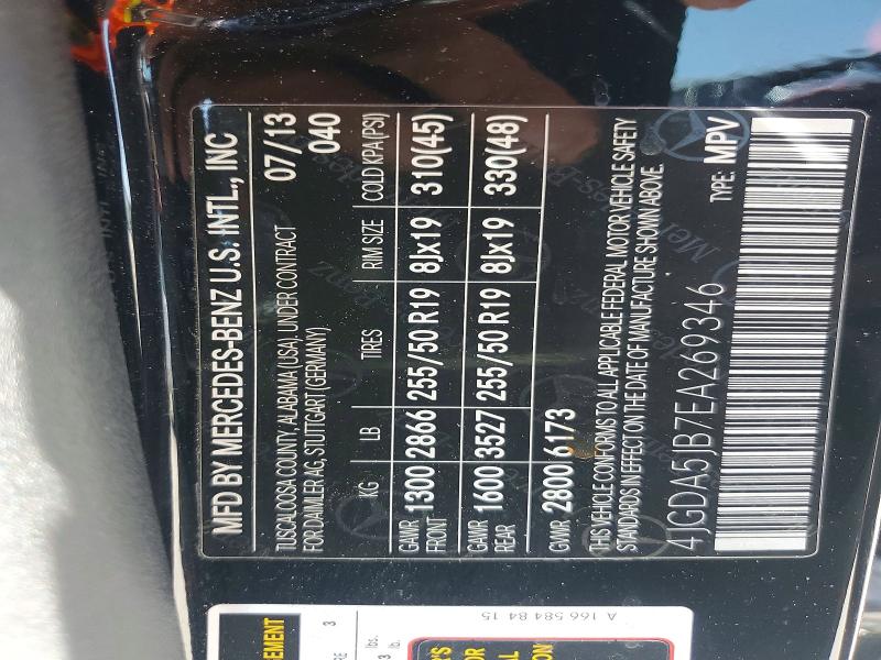 65418486 :رقم المزاد ، 4JGDA5B7EA269346 vin ، 2014 Mercedes-benz Ml مزاد بيع