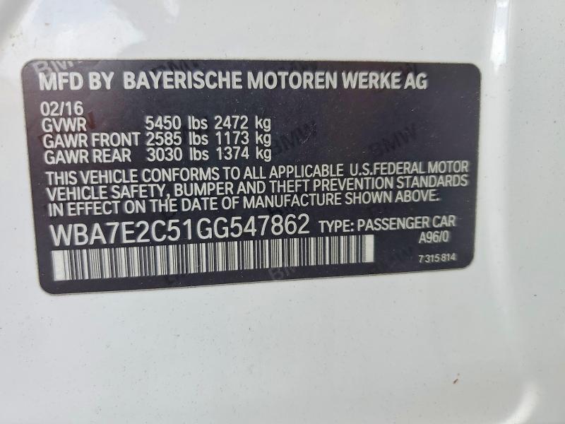 2016 Bmw 740 მანქანა იყიდება აუქციონზე, vin: WBA7E2C51GG547862, აუქციონის ნომერი: 64183566