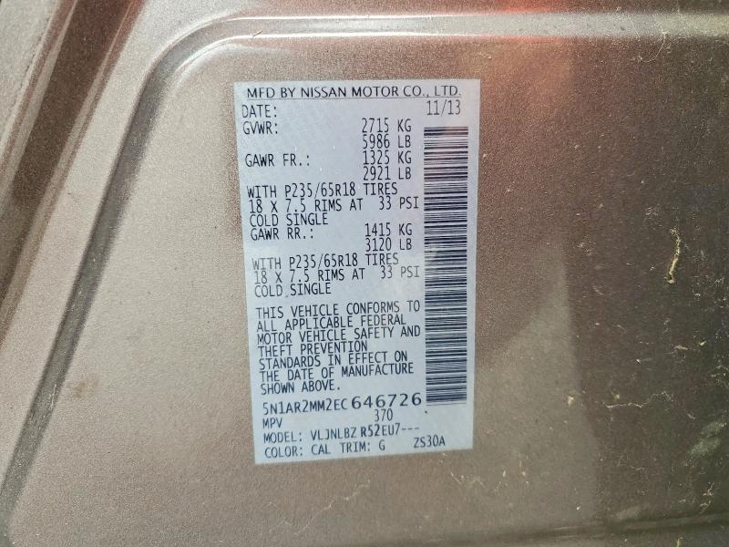 63655636 :رقم المزاد ، 5N1AR2MM2EC646726 vin ، 2014 Nissan Pathfinder مزاد بيع