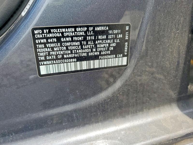 Продаж на аукціоні авто 2012 Volkswagen Passat, vin: 1VWBH7A3XCC020890, номер лоту: 64675376