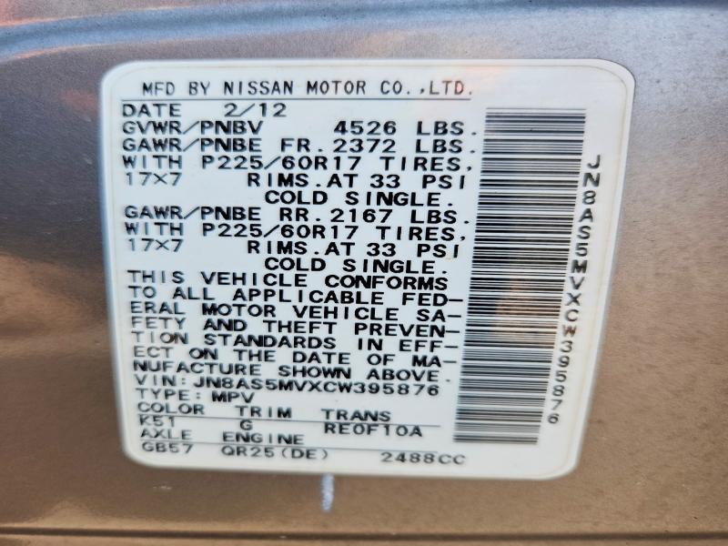64031496 :رقم المزاد ، JN8AS5MVXCW395876 vin ، 2012 Nissan Rogue مزاد بيع