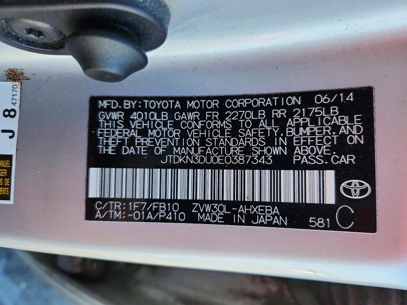 66781916 :رقم المزاد ، JTDKN3DU0E0387343 vin ، 2014 Toyota Prius مزاد بيع