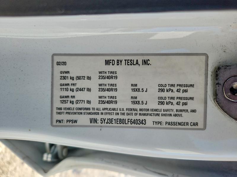 62224156 :رقم المزاد ، 5YJ3E1EB0LF640343 vin ، 2020 Tesla Model 3 مزاد بيع