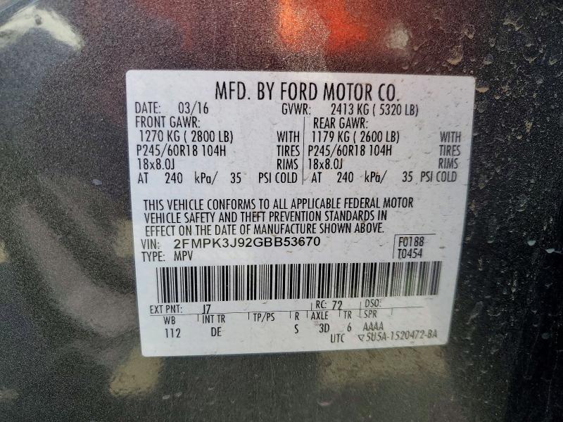 63858116 :رقم المزاد ، 2FMPK3J92GBB53670 vin ، 2016 Ford Edge مزاد بيع
