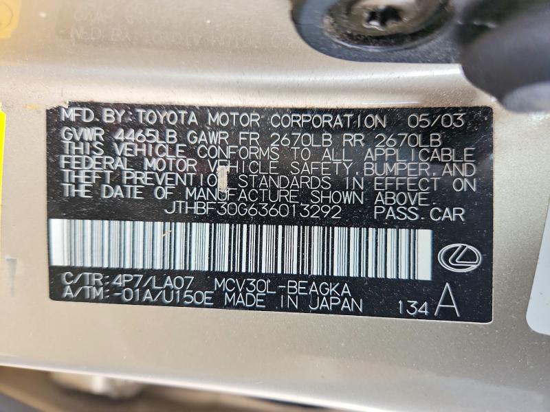 Aukcja sprzedaży 2003 Lexus Es, vin: JTHBF30G636013292, numer aukcji: 65451236