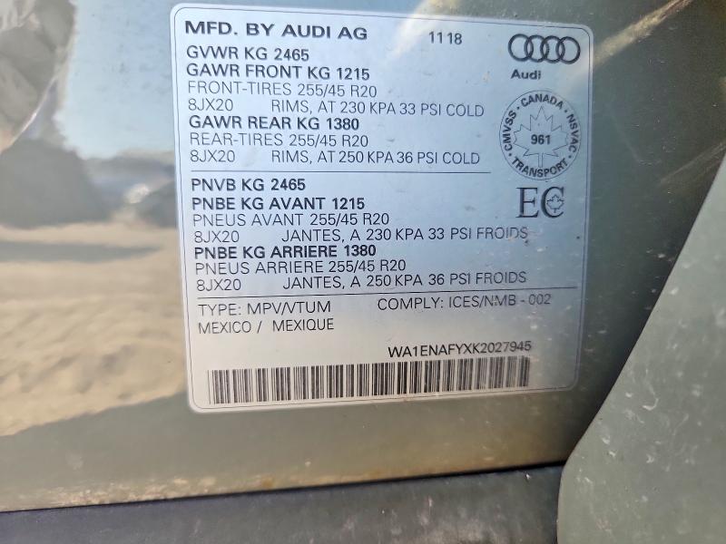 60742746 :رقم المزاد ، WA1ENAFYXK2027945 vin ، 2019 Audi Q5 مزاد بيع