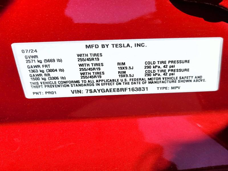 64827406 :رقم المزاد ، 7SAYGAEE8RF163831 vin ، 2024 Tesla Model Y مزاد بيع