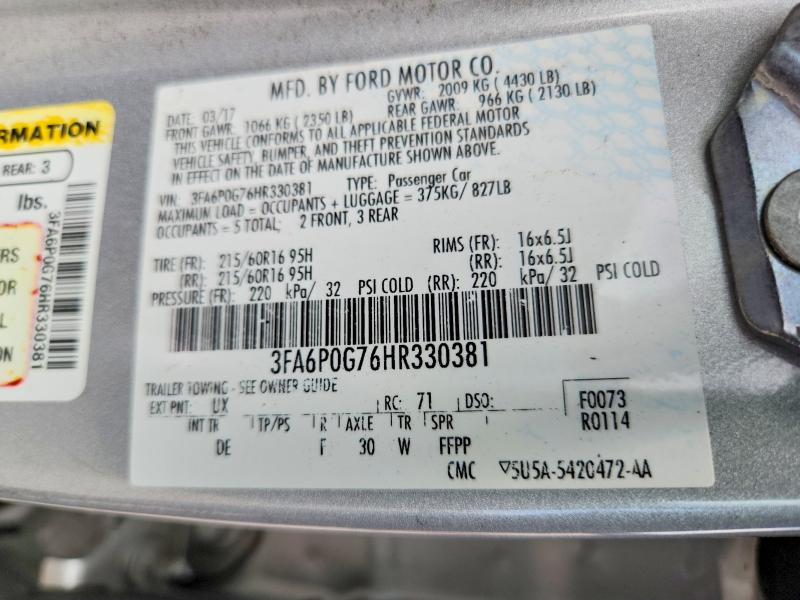 Продаж на аукціоні авто 2017 Ford Fusion, vin: 3FA6P0G76HR330381, номер лоту: 63720936