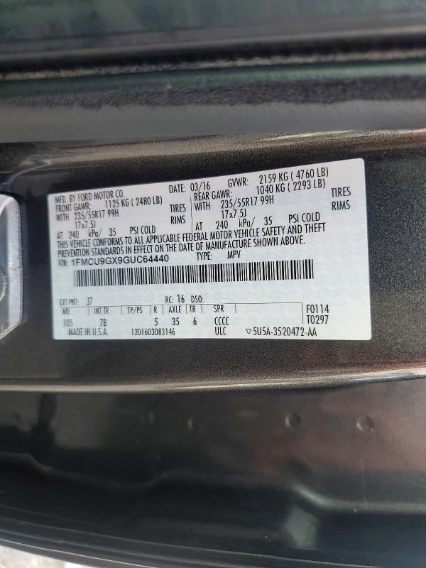 2016 Ford Escape მანქანა იყიდება აუქციონზე, vin: 1FMCU9GX9GUC64440, აუქციონის ნომერი: 63820826