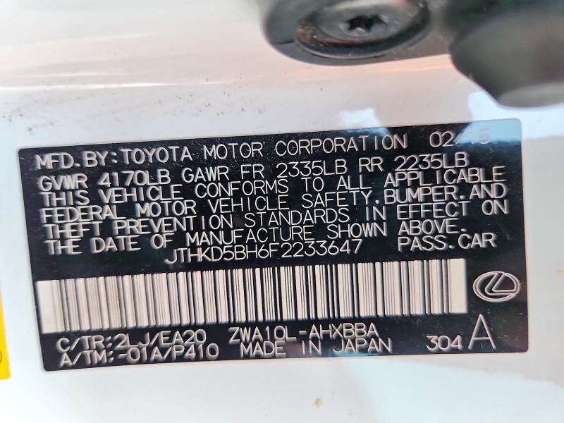 Продажа на аукционе авто 2015 Lexus Ct, vin: JTHKD5BH6F2233647, номер лота: 64461856