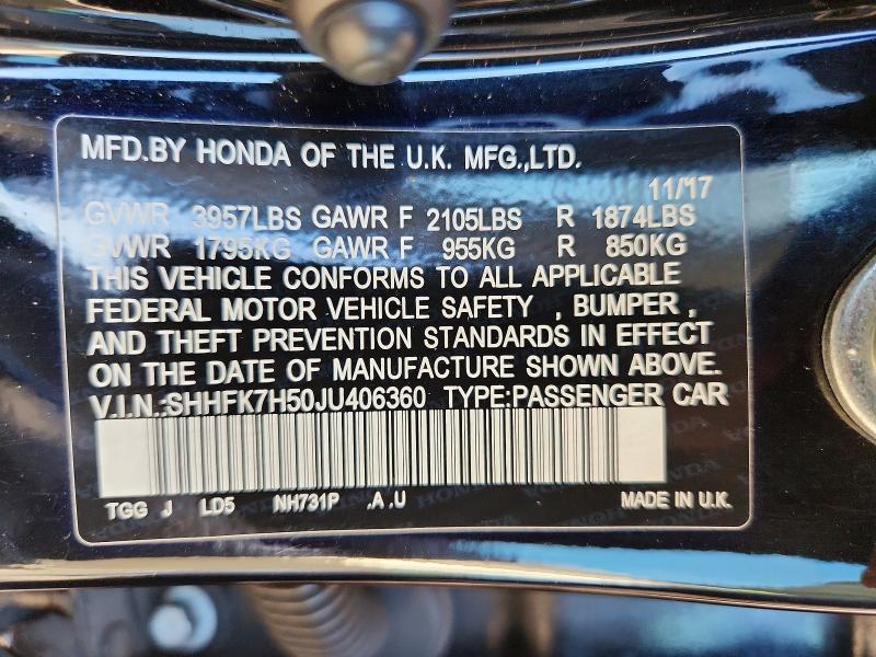 Продажа на аукционе авто 2018 Honda Civic, vin: SHHFK7H50JU406360, номер лота: 67037046