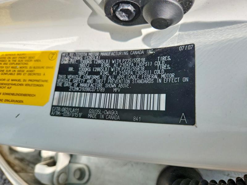 2008 Lexus Rx მანქანა იყიდება აუქციონზე, vin: 2T2HK31U98C071789, აუქციონის ნომერი: 65182166