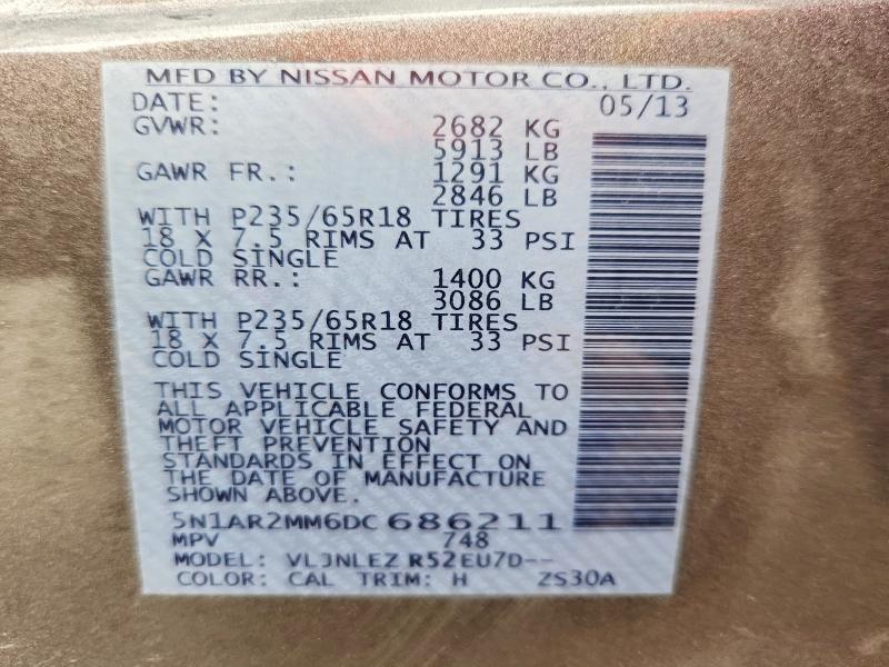 67021926 :رقم المزاد ، 5N1AR2MM6DC686211 vin ، 2013 Nissan Pathfinder مزاد بيع