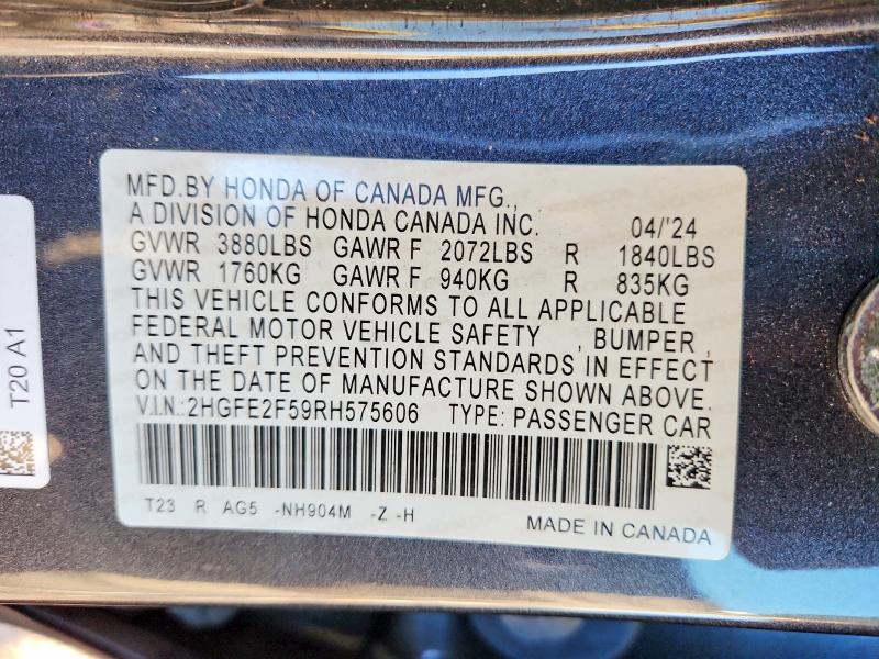 Aukcja sprzedaży 2024 Honda Civic, vin: 2HGFE2F59RH575606, numer aukcji: 66271056