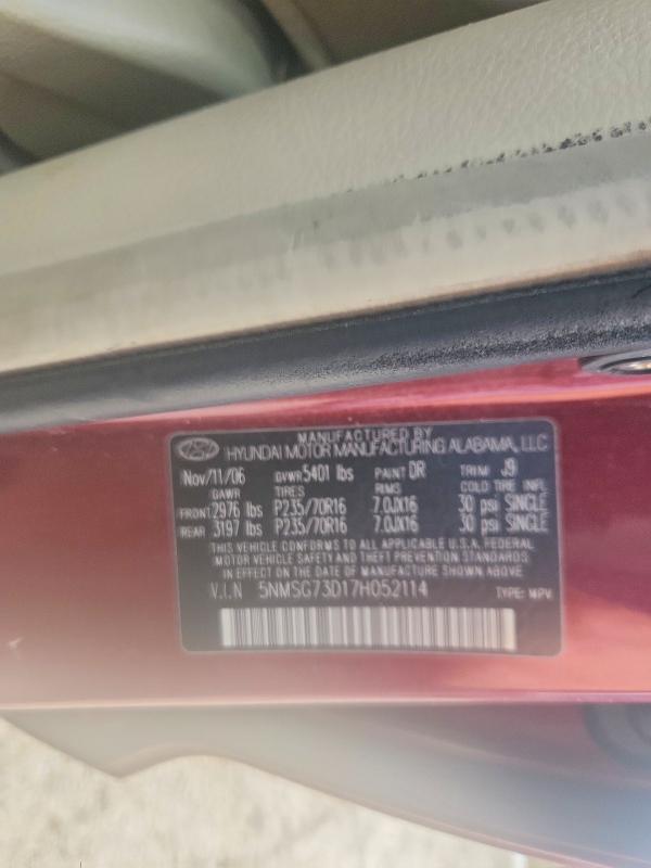 Aukcja sprzedaży 2007 Hyundai Santa Fe, vin: 5NMSG73D17H052114, numer aukcji: 63762546