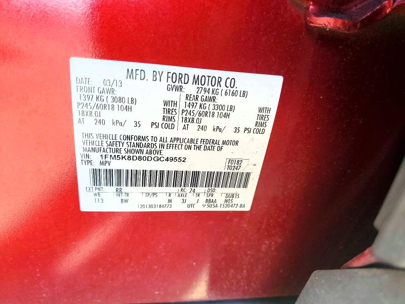 65879056 :رقم المزاد ، 1FM5K8D80DGC49552 vin ، 2013 Ford Explorer مزاد بيع