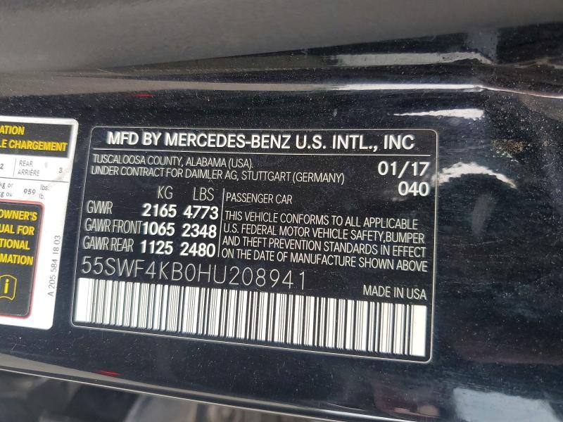 2017 Mercedes-benz C მანქანა იყიდება აუქციონზე, vin: 55SWF4KB0HU208941, აუქციონის ნომერი: 64743156