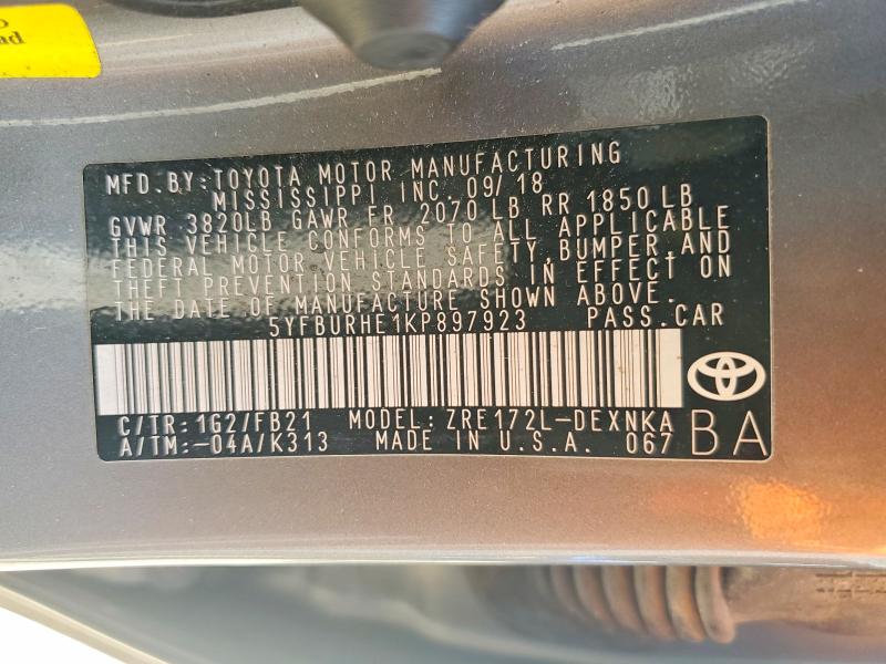65019836 :رقم المزاد ، 5YFBURHE1KP897923 vin ، 2019 Toyota Corolla مزاد بيع