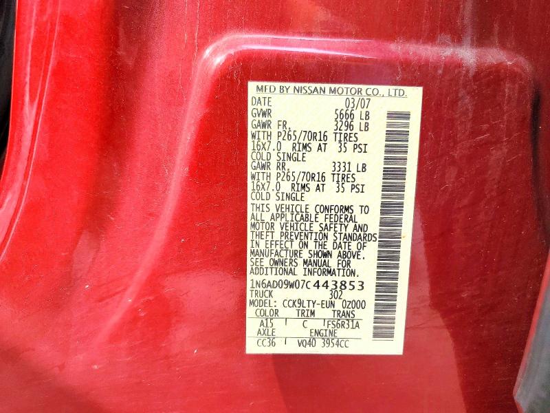 63807396 :رقم المزاد ، 1N6AD09W07C443853 vin ، 2007 Nissan Frontier مزاد بيع