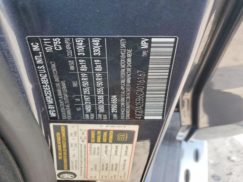 64366456 :رقم المزاد ، 4JGDA2EB6CA016167 vin ، 2012 Mercedes-benz Ml مزاد بيع