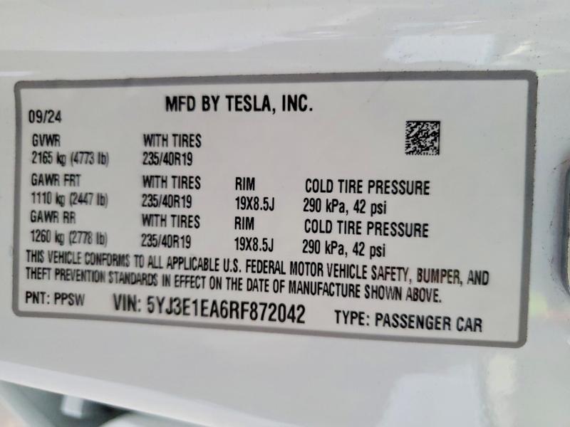 2024 Tesla Model 3 მანქანა იყიდება აუქციონზე, vin: 5YJ3E1EA6RF872042, აუქციონის ნომერი: 66612926