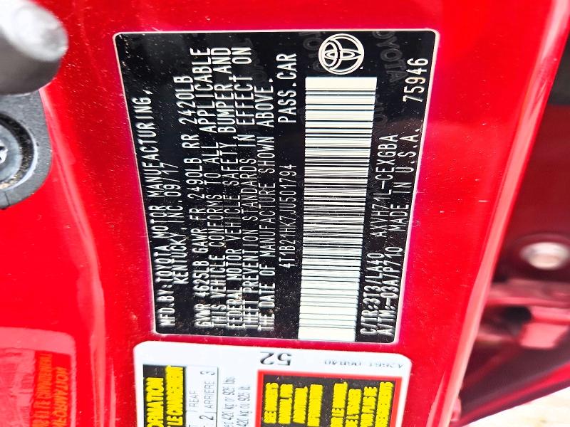 2018 Toyota Camry Hybrid მანქანა იყიდება აუქციონზე, vin: 4T1B21HK7JU501794, აუქციონის ნომერი: 65439956