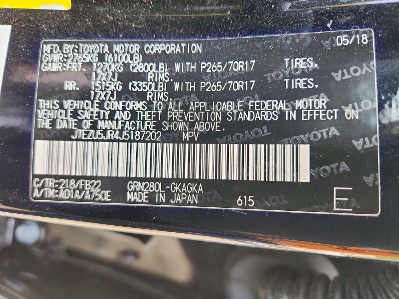 2018 Toyota 4runner მანქანა იყიდება აუქციონზე, vin: JTEZU5JR4J5187202, აუქციონის ნომერი: 66583826