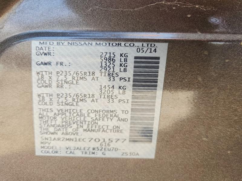 Продажа на аукционе авто 2014 Nissan Pathfinder, vin: 5N1AR2MN1EC701577, номер лота: 63650336