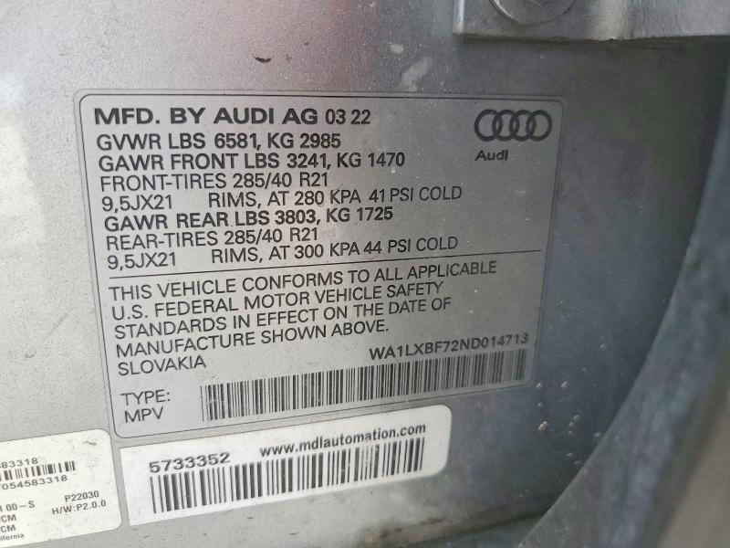 Aukcja sprzedaży 2022 Audi Q7, vin: WA1LXBF72ND014713, numer aukcji: 66225526