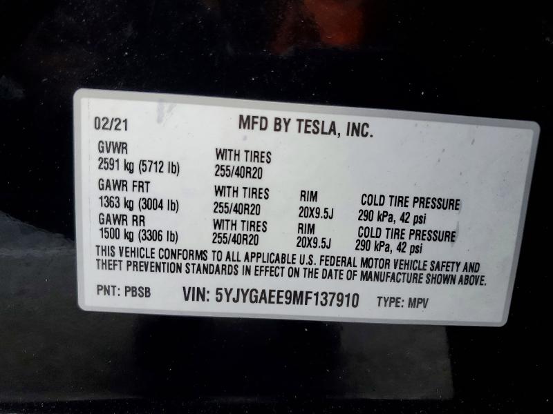 Aukcja sprzedaży 2021 Tesla Model Y, vin: 5YJYGAEE9MF137910, numer aukcji: 63259846