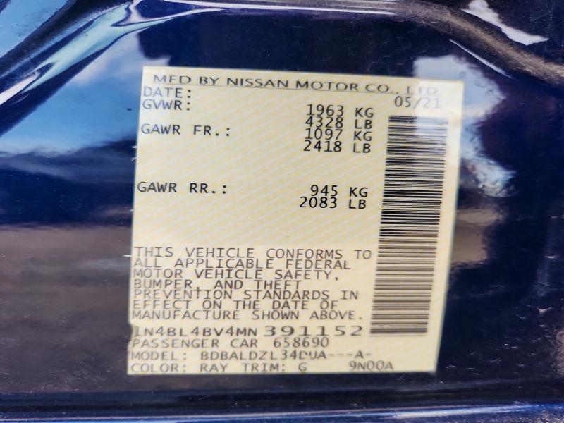 2021 Nissan Altima მანქანა იყიდება აუქციონზე, vin: 1N4BL4BV4MN391152, აუქციონის ნომერი: 64397786