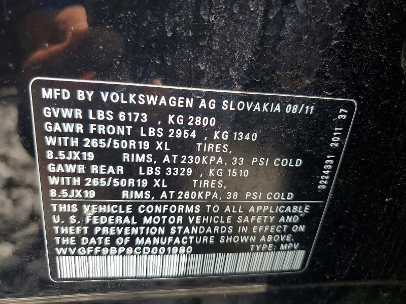 65284296 :رقم المزاد ، WVGFF9BP8CD001980 vin ، 2012 Volkswagen Touareg مزاد بيع