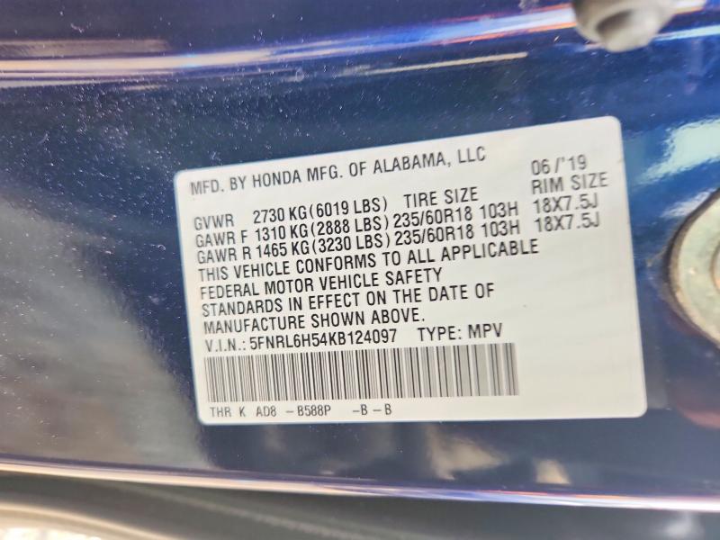 Aukcja sprzedaży 2019 Honda Odyssey, vin: 5FNRL6H54KB124097, numer aukcji: 64629926