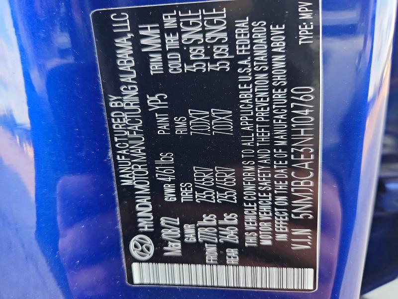 66524446 :رقم المزاد ، 5NMJBCAE3NH104760 vin ، 2022 Hyundai Tucson مزاد بيع