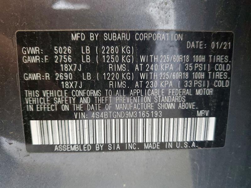 Продаж на аукціоні авто 2021 Subaru Outback, vin: 4S4BTGND9M3165193, номер лоту: 65277586