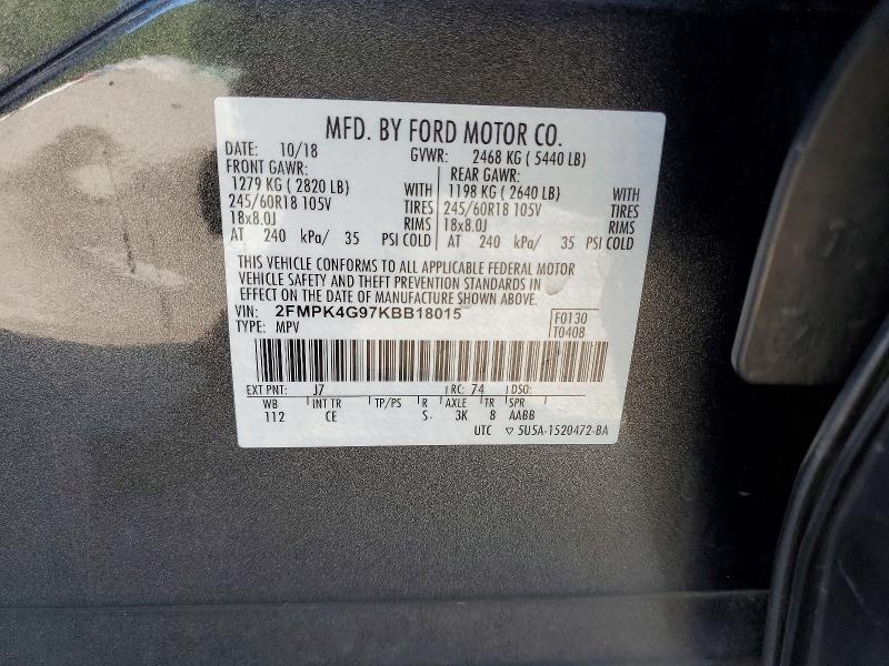 2019 Ford Edge მანქანა იყიდება აუქციონზე, vin: 2FMPK4G97KBB18015, აუქციონის ნომერი: 64492876