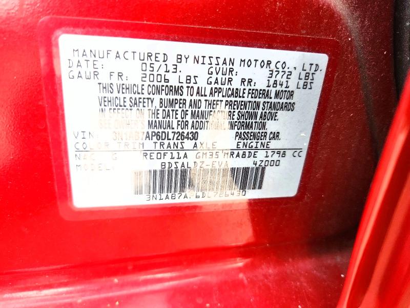 2013 Nissan Sentra მანქანა იყიდება აუქციონზე, vin: 3N1AB7AP6DL726430, აუქციონის ნომერი: 63831346