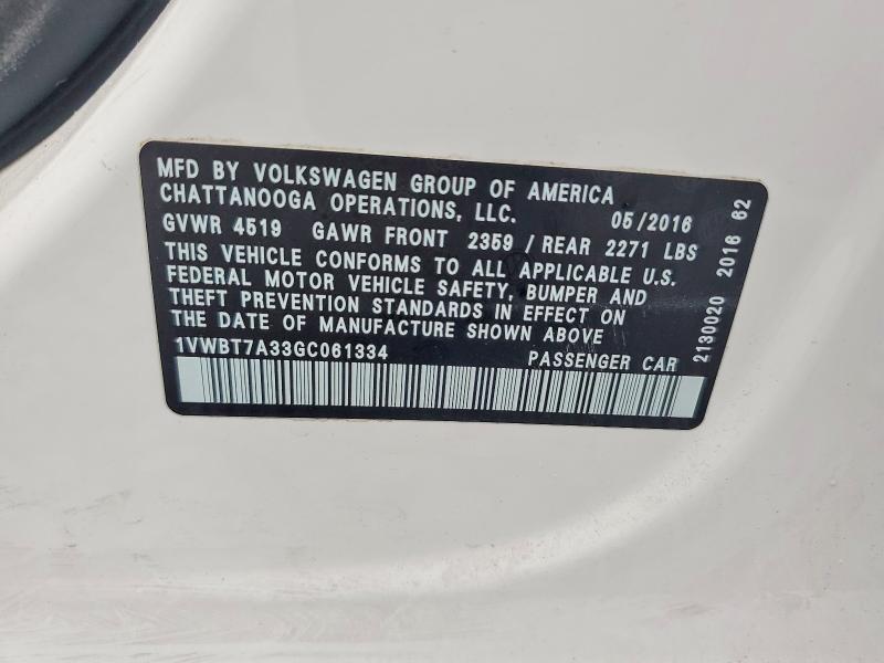 63530046 :رقم المزاد ، 1VWBT7A33GC061334 vin ، 2016 Volkswagen Passat مزاد بيع