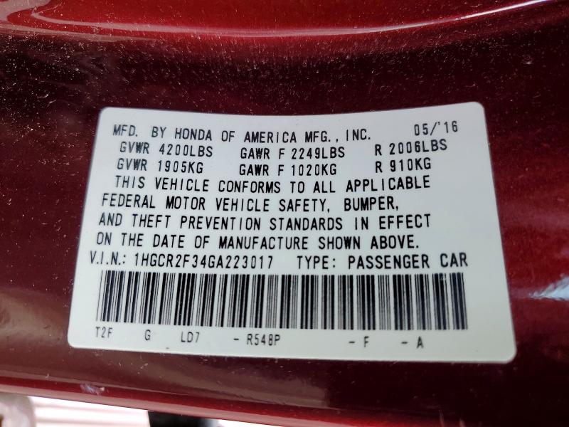 2016 Honda Accord მანქანა იყიდება აუქციონზე, vin: 1HGCR2F34GA223017, აუქციონის ნომერი: 64617666