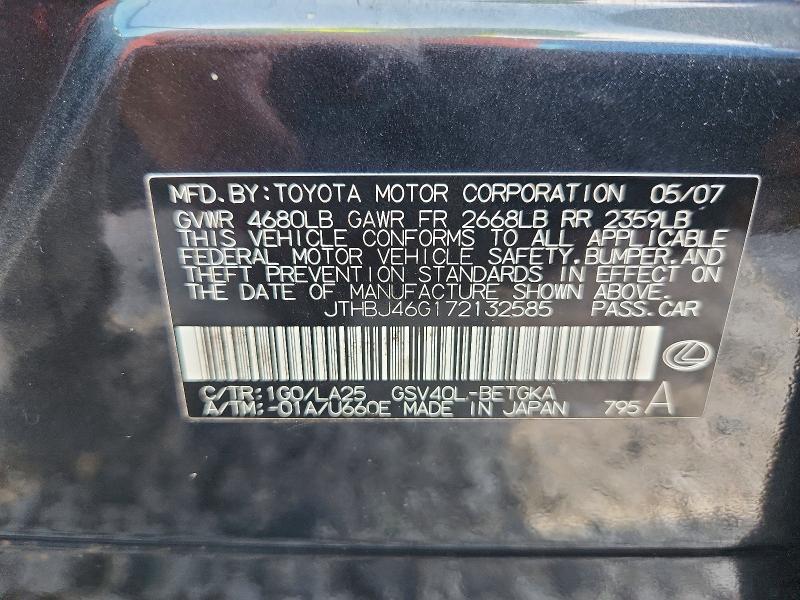 Aukcja sprzedaży 2007 Lexus Es, vin: JTHBJ46G172132585, numer aukcji: 64694866