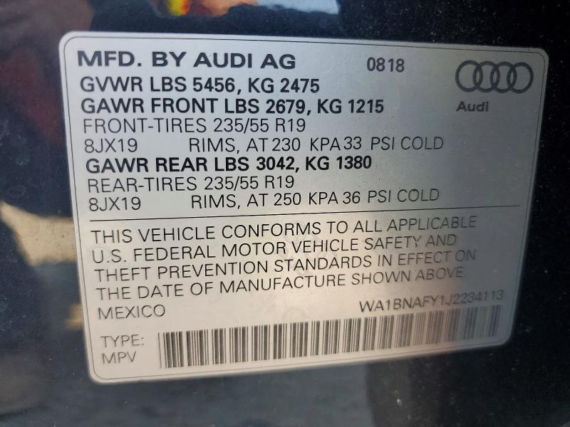 2018 Audi Q5 მანქანა იყიდება აუქციონზე, vin: WA1BNAFY1J2234113, აუქციონის ნომერი: 64655356