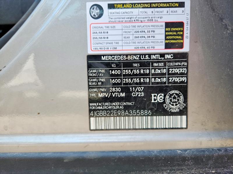 2008 Mercedes-benz Ml მანქანა იყიდება აუქციონზე, vin: 4JGBB22E98A355886, აუქციონის ნომერი: 64297486