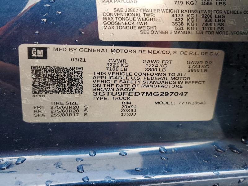 62633026 :رقم المزاد ، 3GTU9FED7MG297047 vin ، 2021 Gmc Sierra مزاد بيع