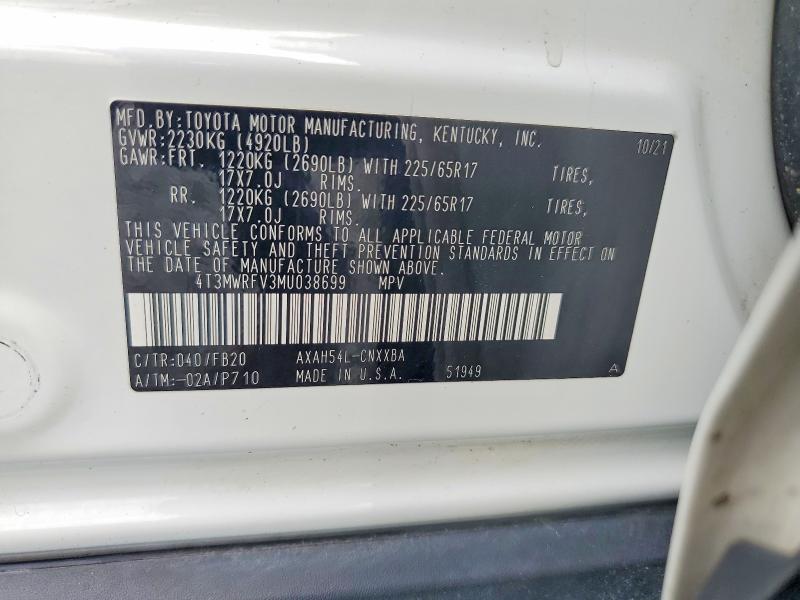 65501546 :رقم المزاد ، 4T3MWRFV3MU038699 vin ، 2021 Toyota Rav4 مزاد بيع