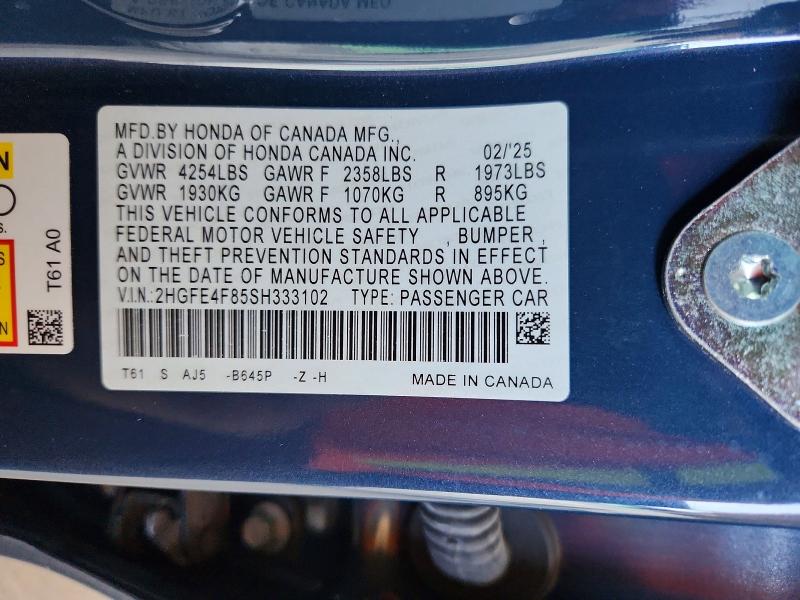 2025 Honda Civic მანქანა იყიდება აუქციონზე, vin: 2HGFE4F85SH333102, აუქციონის ნომერი: 63606346