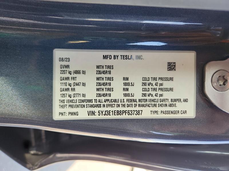 Aukcja sprzedaży 2023 Tesla Model 3, vin: 5YJ3E1EB8PF637387, numer aukcji: 65882696