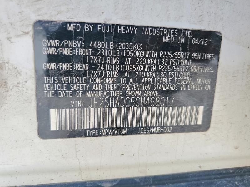 Продаж на аукціоні авто 2012 Subaru Forester, vin: JF2SHADC5CH468017, номер лоту: 63718266